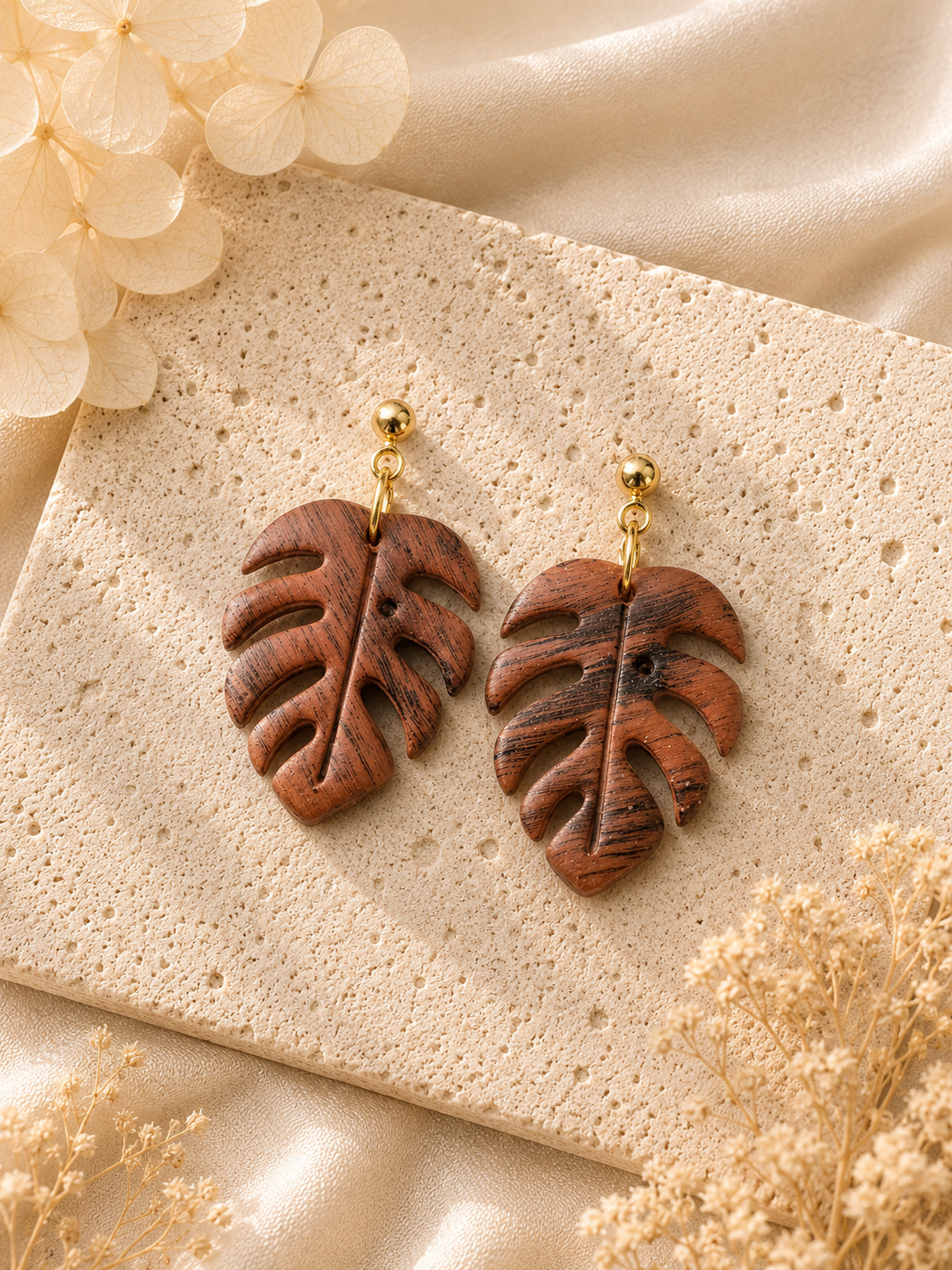 Terracotta Wood Monstera Earrings