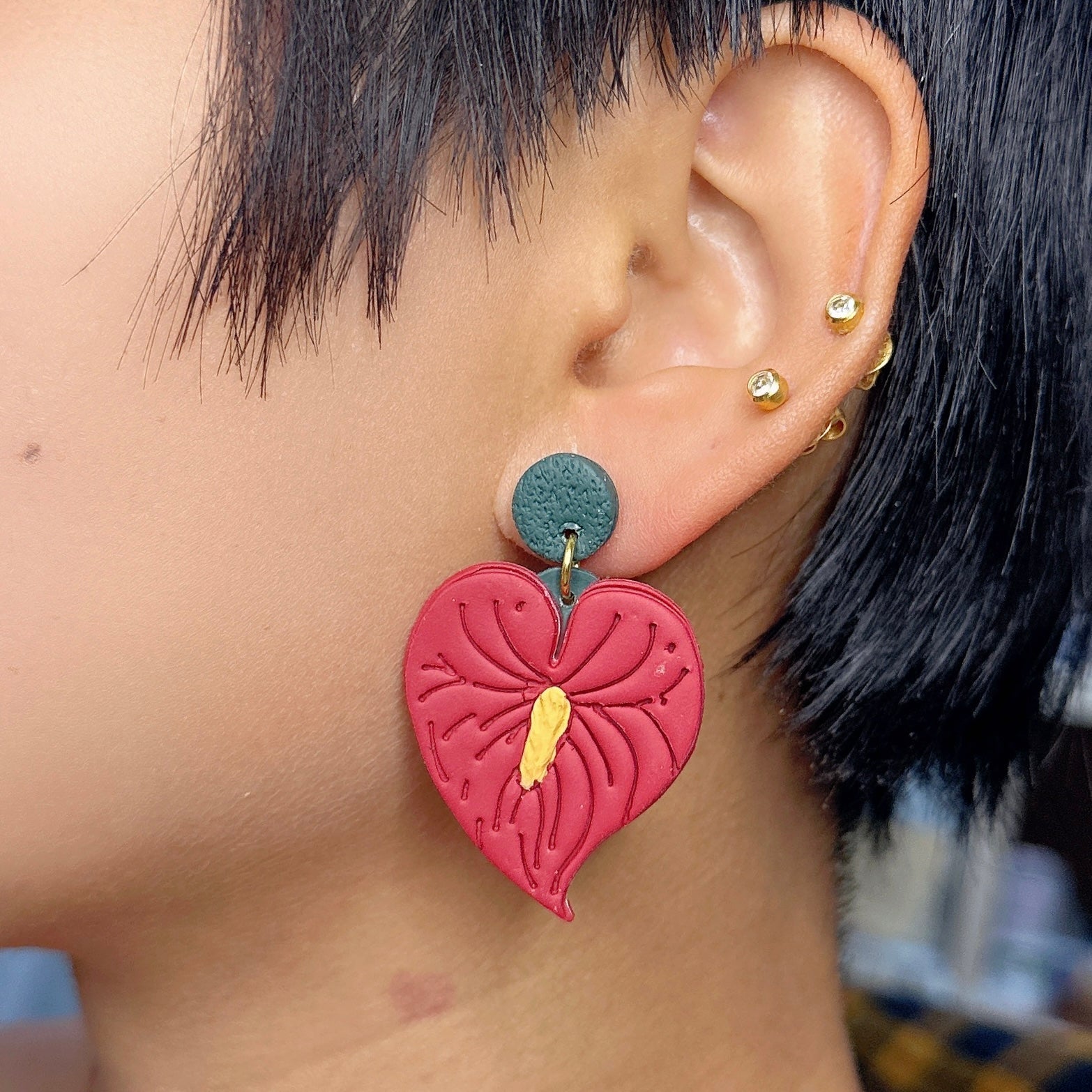 Anthurium Dangle Earrings Red Heart Shaped Flower Polymer Clay Tropical Jewelry by Klaily