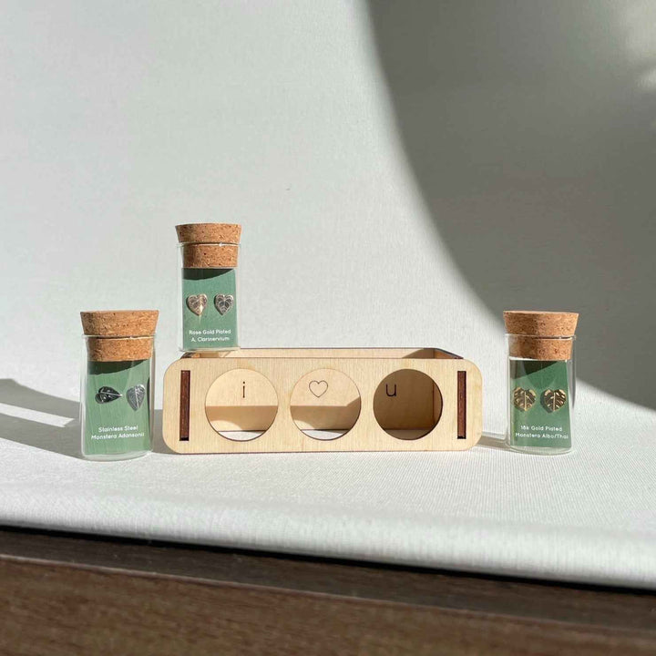 Custom Etched Propagation Stand + 3 Set Tiny Houseplant Earring Studs