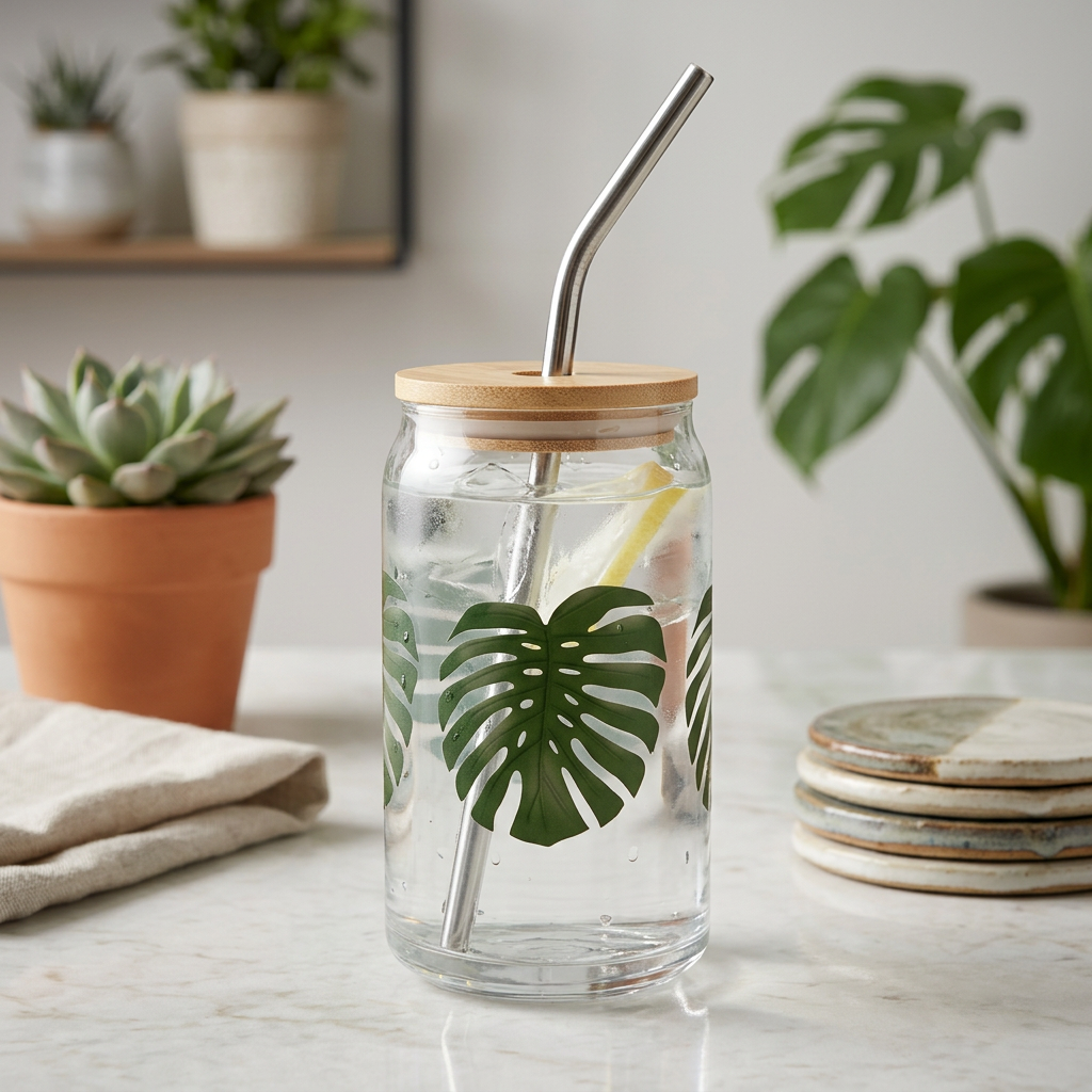 Monstera Soda Can Glass – 16 oz Tumbler With Bamboo Lid And Straw