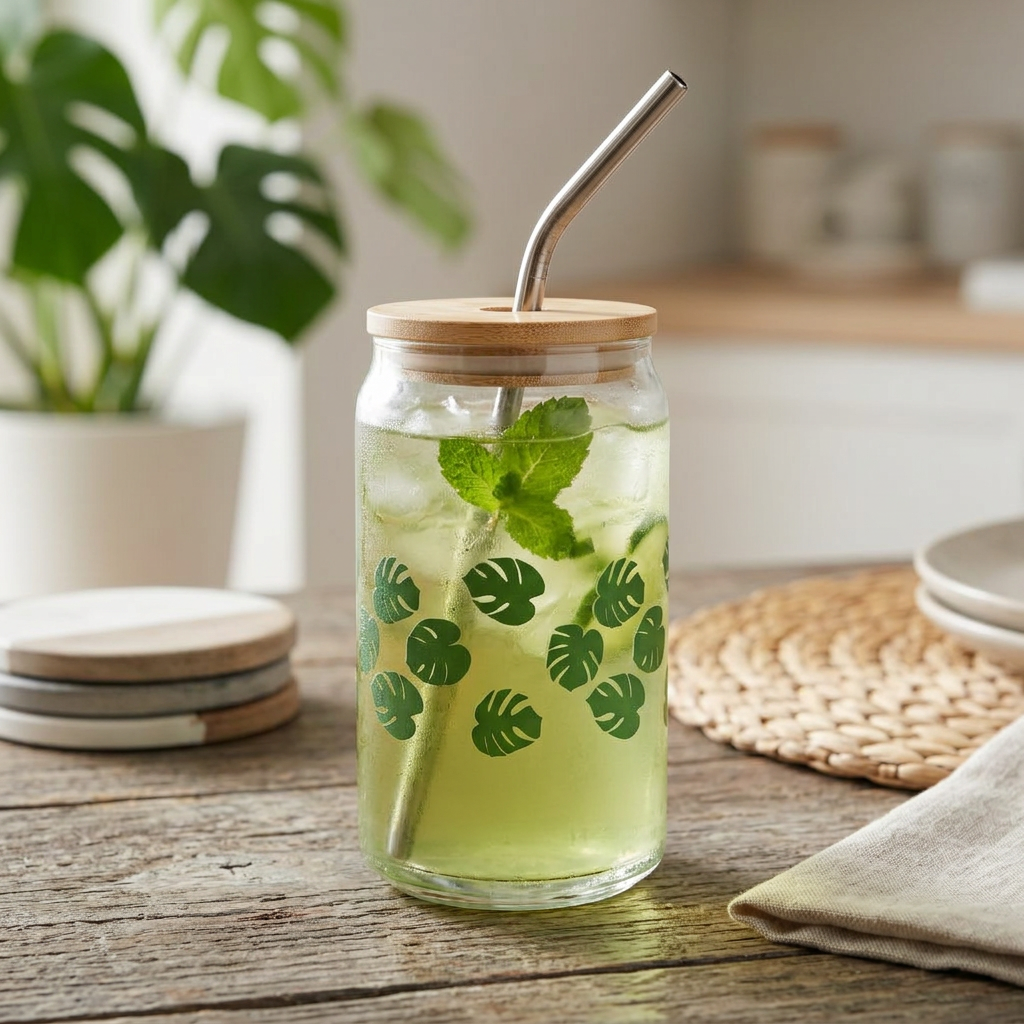 Monstera Pattern Soda Can Glass – 16 oz Tumbler With Bamboo Lid And Straw
