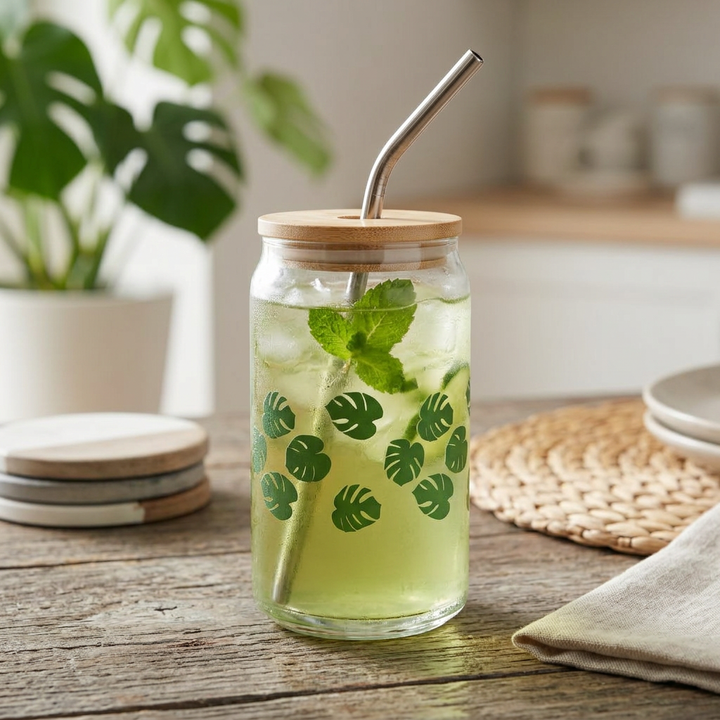 Monstera Pattern Soda Can Glass – 16 oz Tumbler With Bamboo Lid And Straw