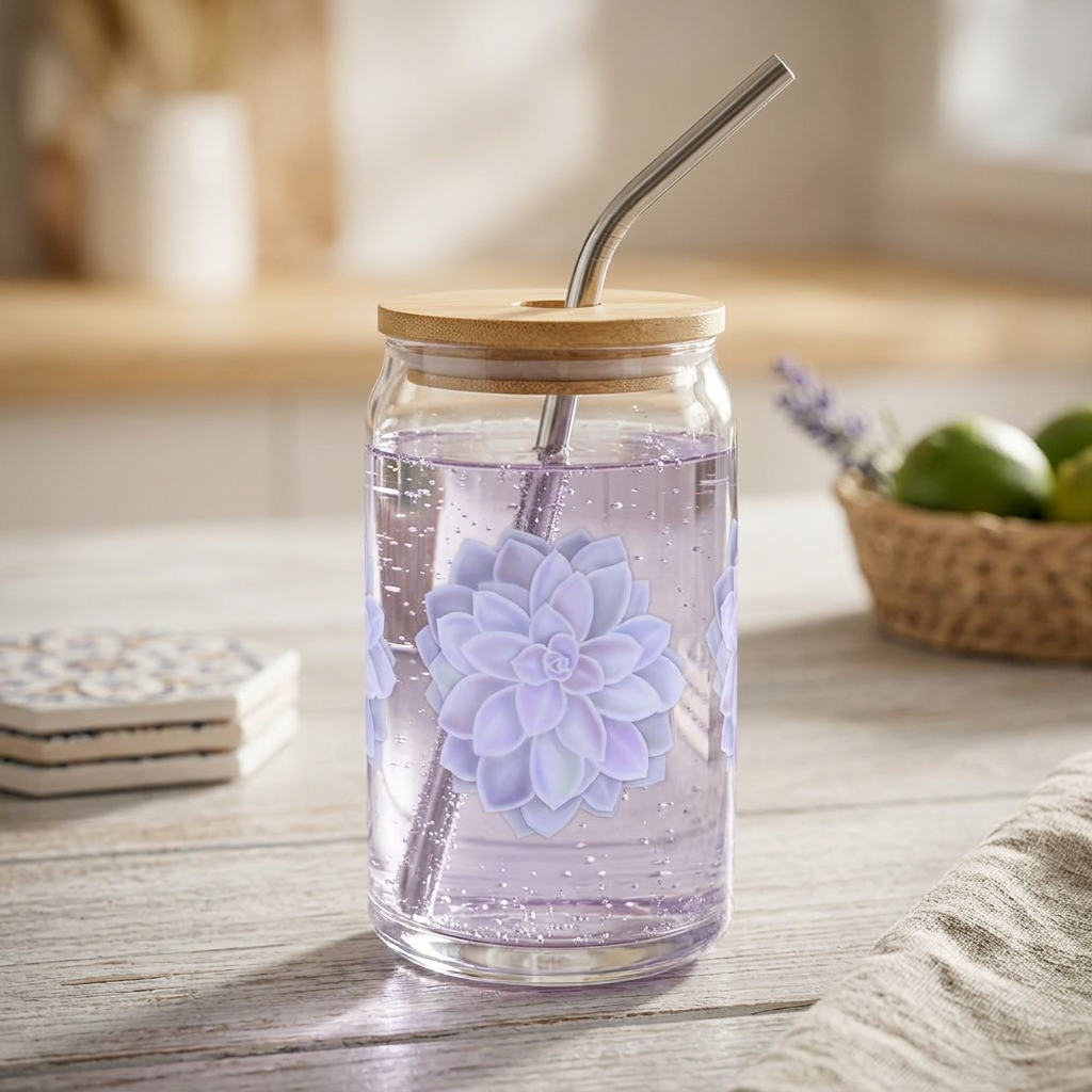 Graptopetalum Murasaki Succulent Soda Can Glass – 16 oz Tumbler With Bamboo Lid And Straw