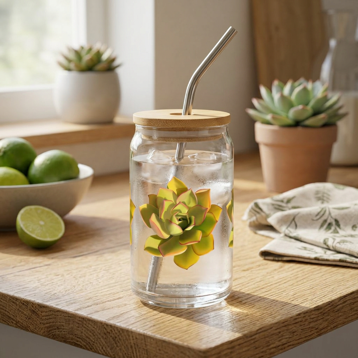 Noble Aeonium Succulent Soda Can Glass – 16 oz Tumbler With Bamboo Lid And Straw