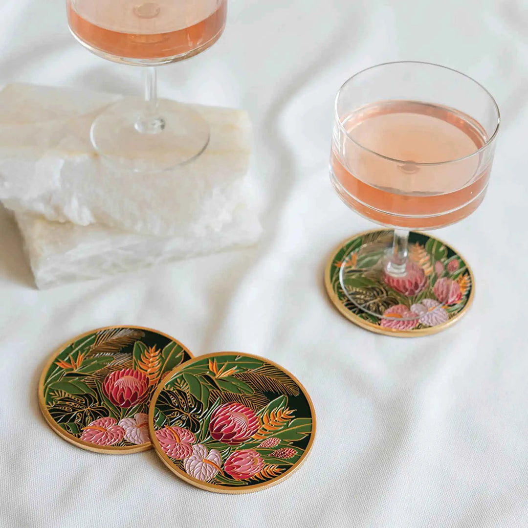 Tropical Floral Gold Drink Coasters