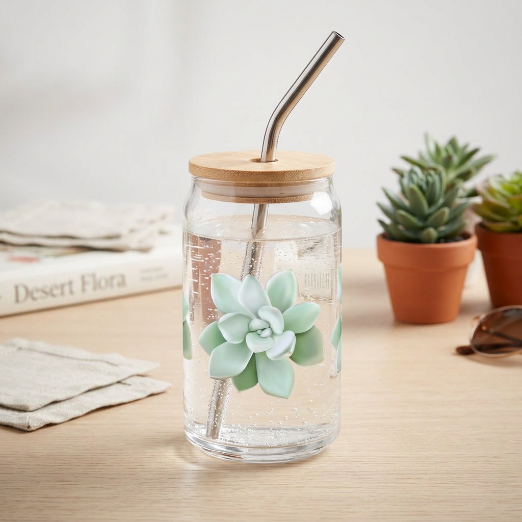 Pachyveria Haagei Succulent Soda Can Glass – 16 oz Tumbler With Bamboo Lid And Straw