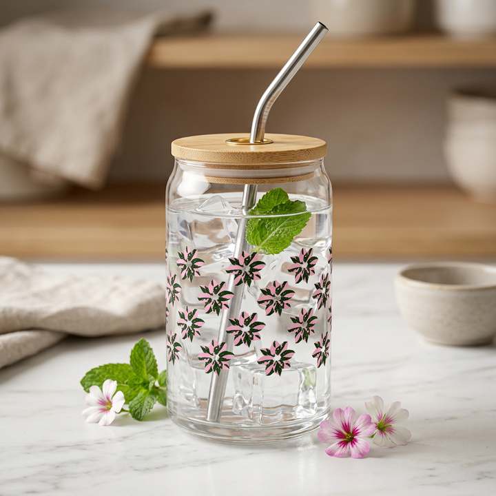 Pink Princess Philodendron Pattern Soda Can Glass – 16 oz Tumbler With Bamboo Lid And Straw