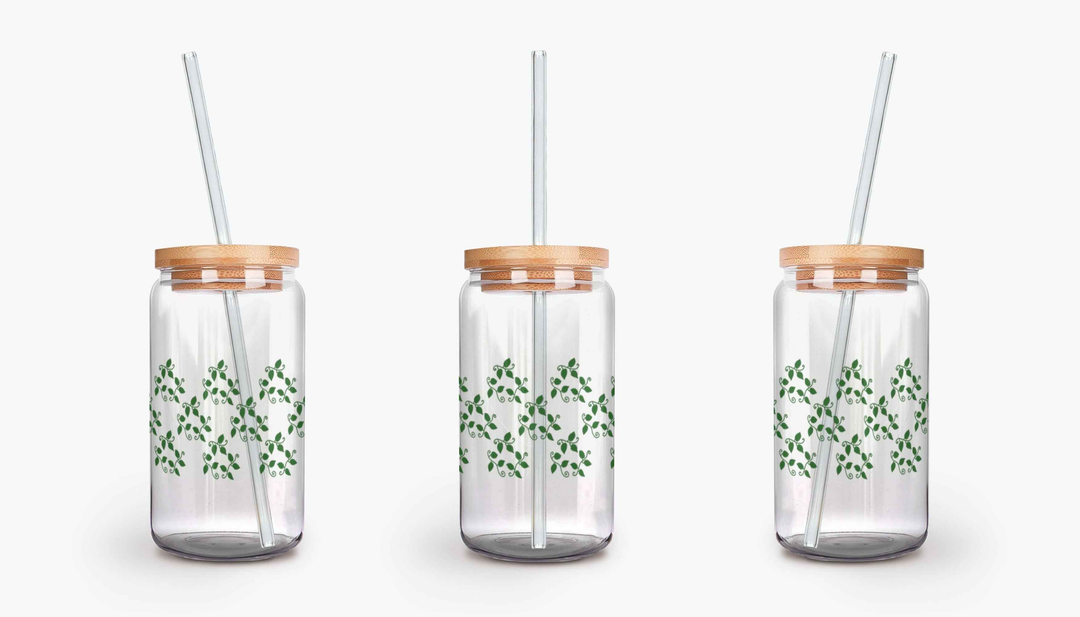Pothos Pattern Soda Can Glass – 16 oz Durable Glass Tumbler with Bamboo Lid & Straw