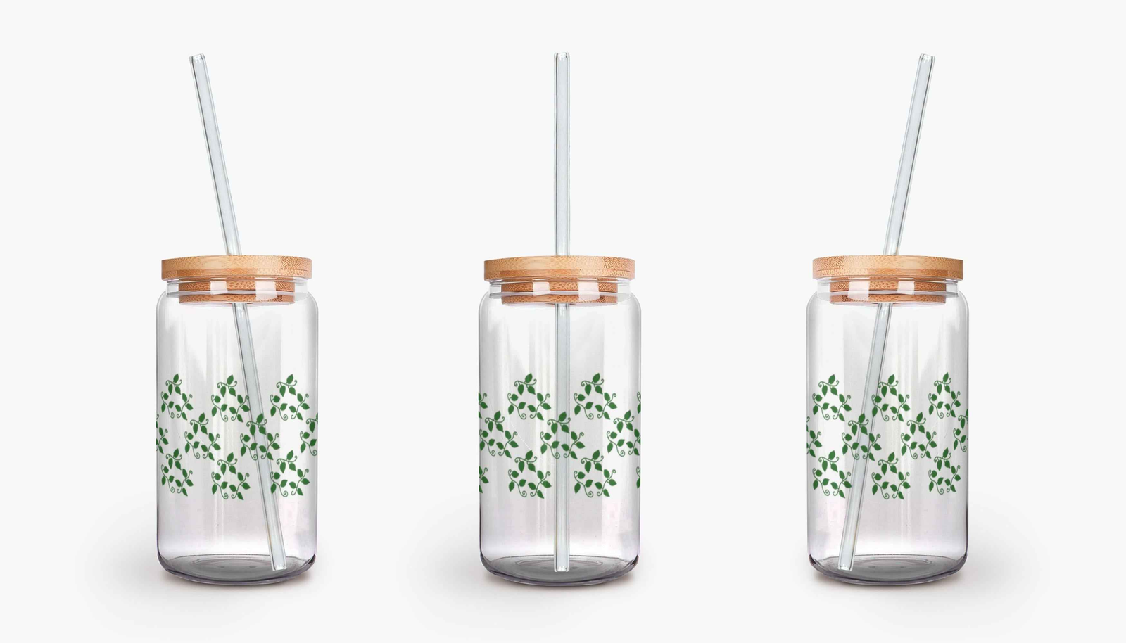 Pothos Pattern Soda Can Glass – 16 oz Durable Glass Tumbler with Bamboo Lid & Straw