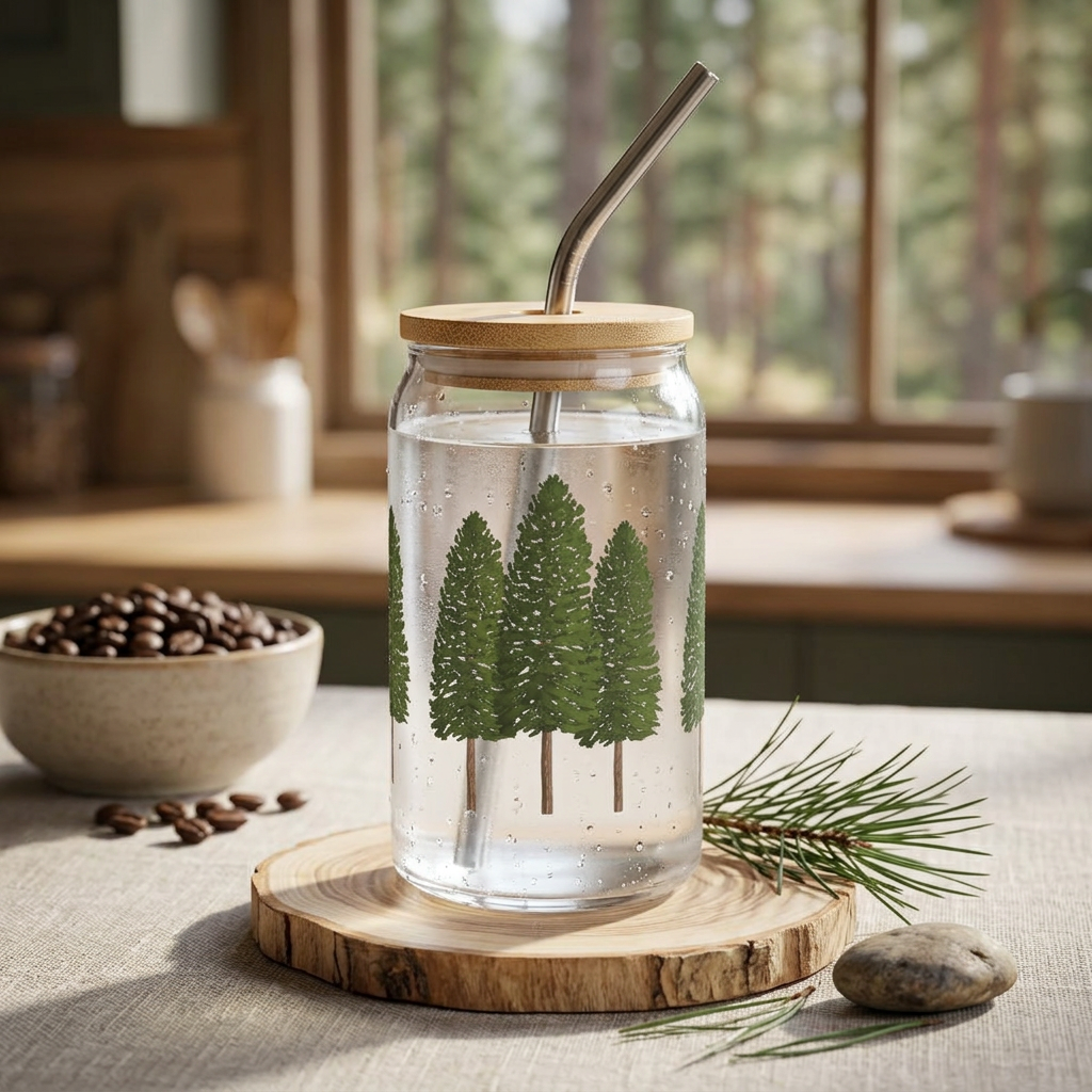 Ponderosa Pine Soda Can Glass – 16 oz Tumbler With Bamboo Lid And Straw