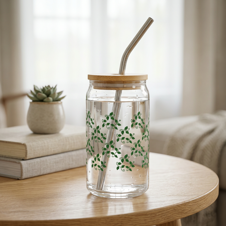 Pothos Pattern Soda Can Glass – 16 oz Tumbler With Bamboo Lid And Straw