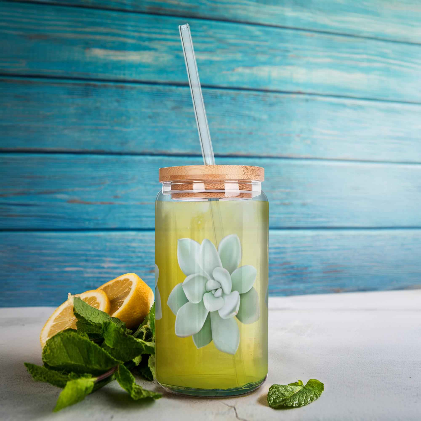 Pachyveria Haagei Succulent Soda Can Glass – 16 oz Durable Glass Tumbler with Bamboo Lid & Straw