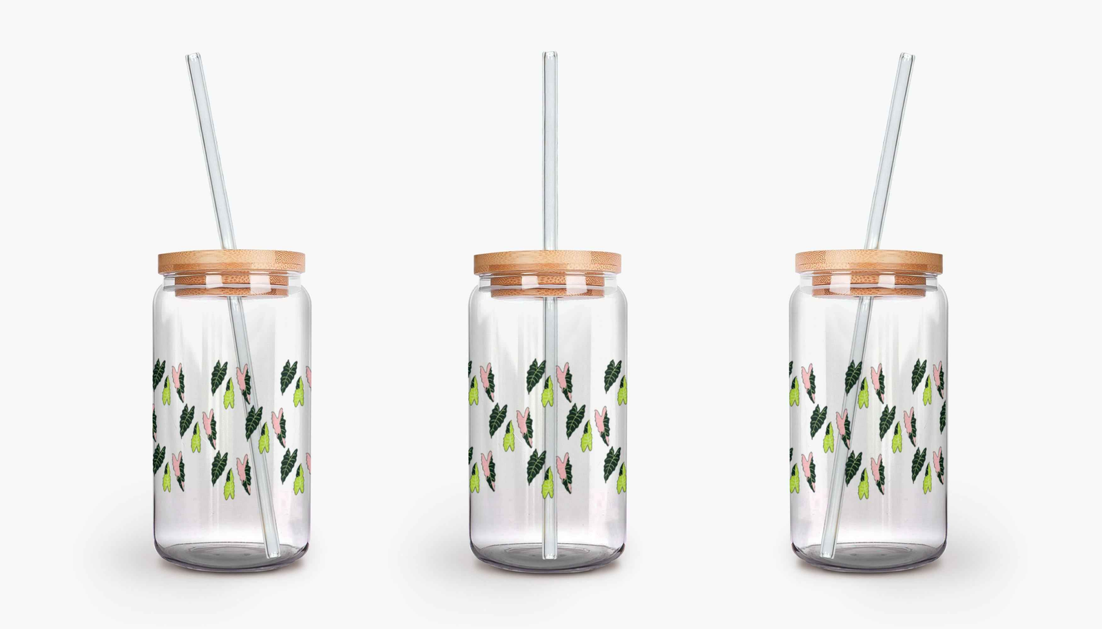 Alocasia Pattern Soda Can Glass – 16 oz Durable Glass Tumbler with Bamboo Lid & Straw
