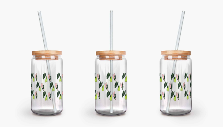 Alocasia Pattern Soda Can Glass – 16 oz Durable Glass Tumbler with Bamboo Lid & Straw