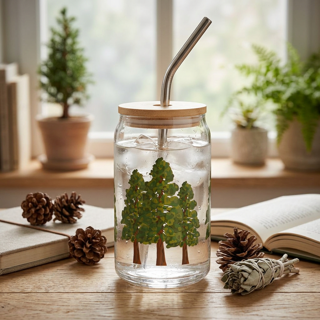 Coastal Redwoods Soda Can Glass – 16 oz Tumbler With Bamboo Lid And Straw