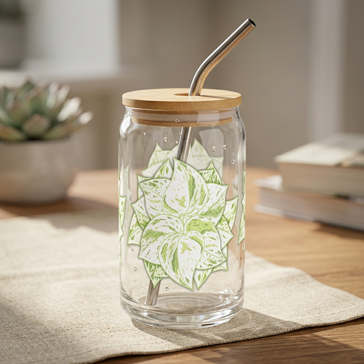 Snow Queen Pothos Soda Can Glass – 16 oz Tumbler With Bamboo Lid And Straw