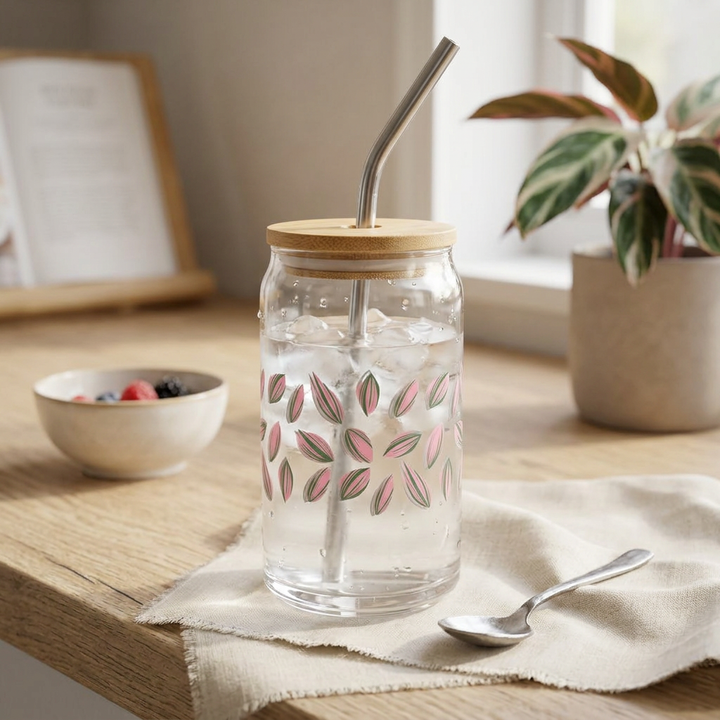 Tradescantia Nanouk Pattern Soda Can Glass – 16 oz Tumbler With Bamboo Lid And Straw