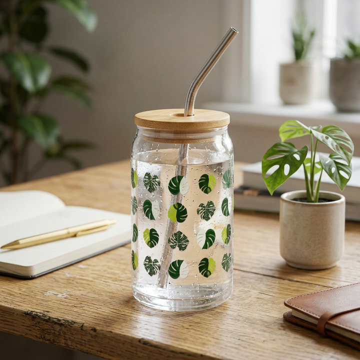 Variegated Monstera Pattern Soda Can Glass – 16 oz Tumbler With Bamboo Lid And Straw