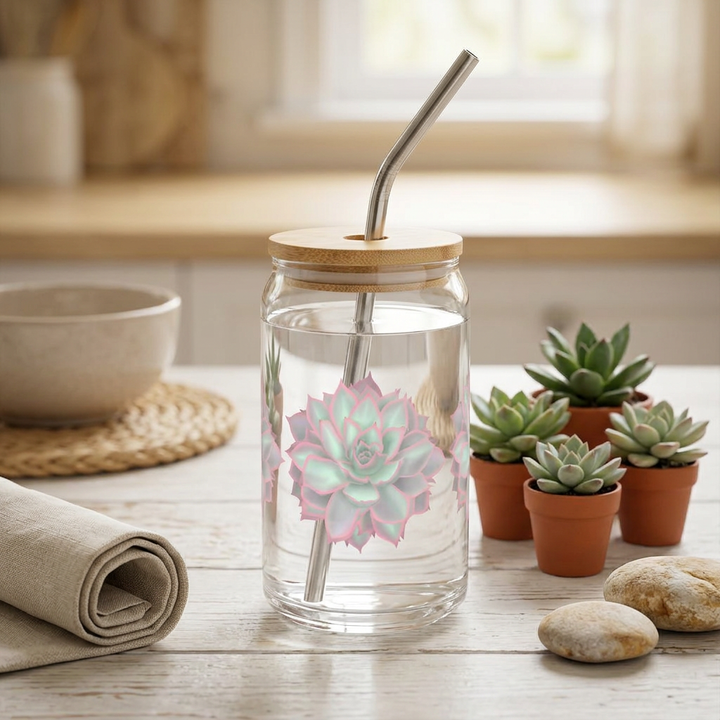 Echeveria Violet Queen Succulent Soda Can Glass – 16 oz Tumbler With Bamboo Lid And Straw
