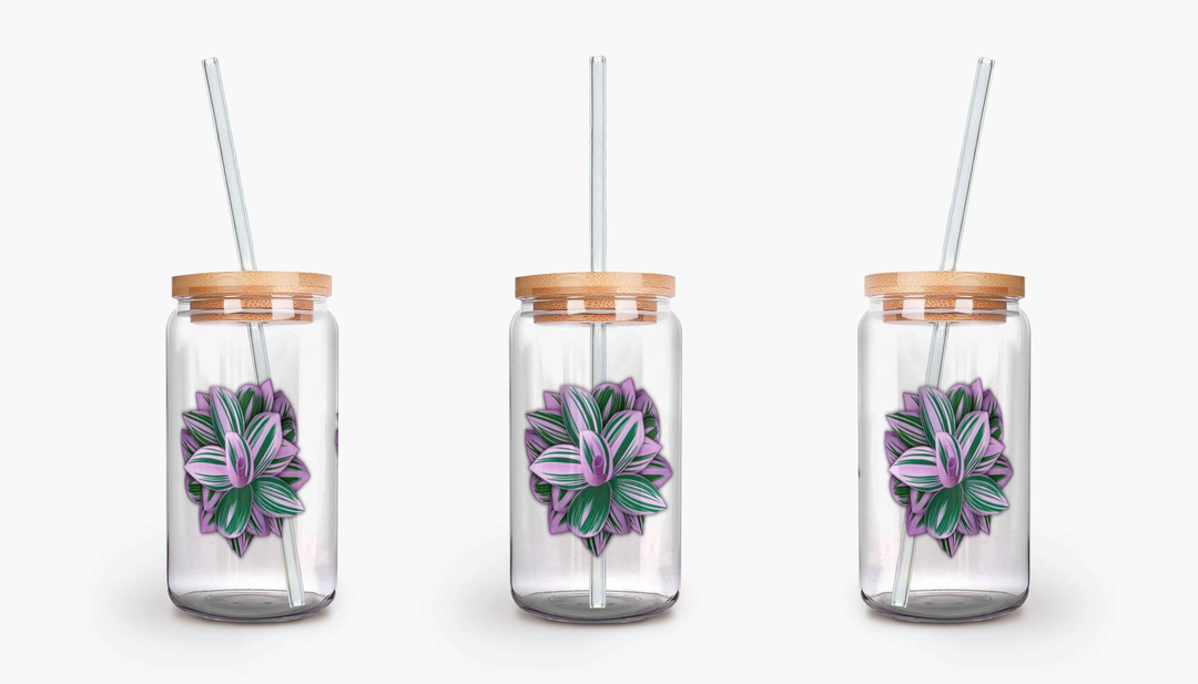 Tradescantia Nanouk Soda Can Glass – 16 oz Durable Glass Tumbler with Bamboo Lid & Straw