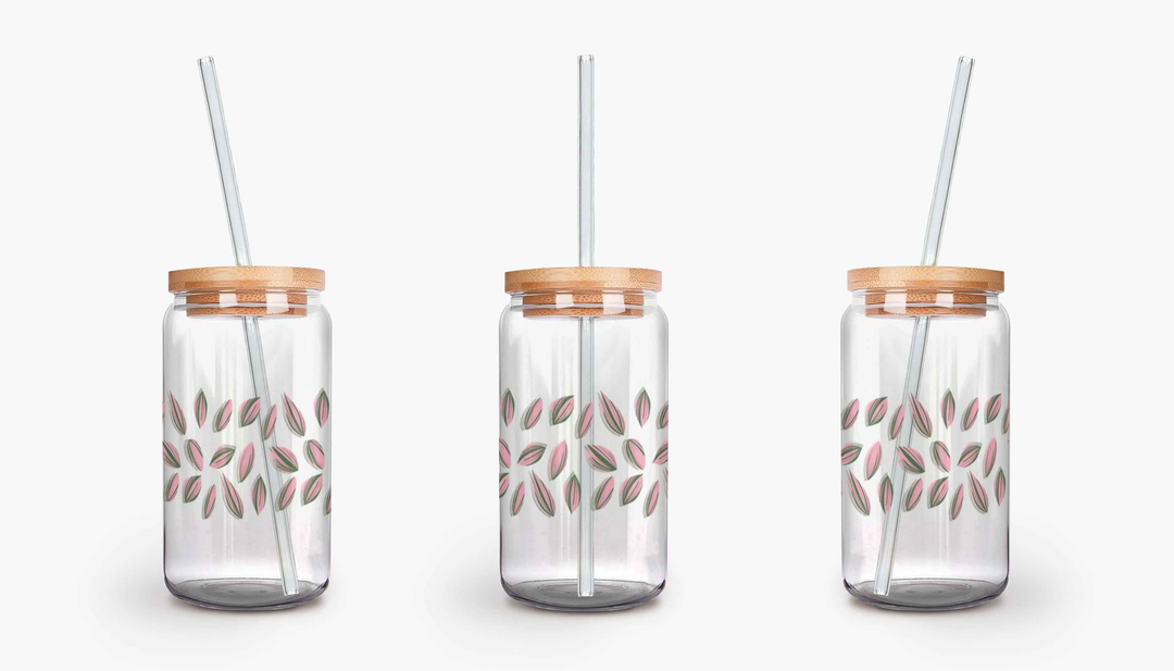 Tradescantia Nanouk Pattern Soda Can Glass – 16 oz Durable Glass Tumbler with Bamboo Lid & Straw