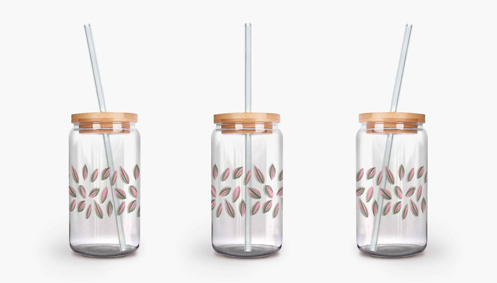 Tradescantia Nanouk Pattern Soda Can Glass – 16 oz Durable Glass Tumbler with Bamboo Lid & Straw