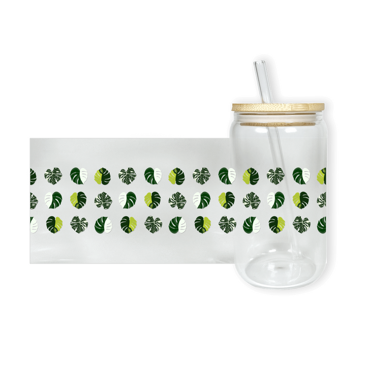 Variegated Monstera Pattern Soda Can Glass – 16 oz Tumbler With Bamboo Lid And Straw