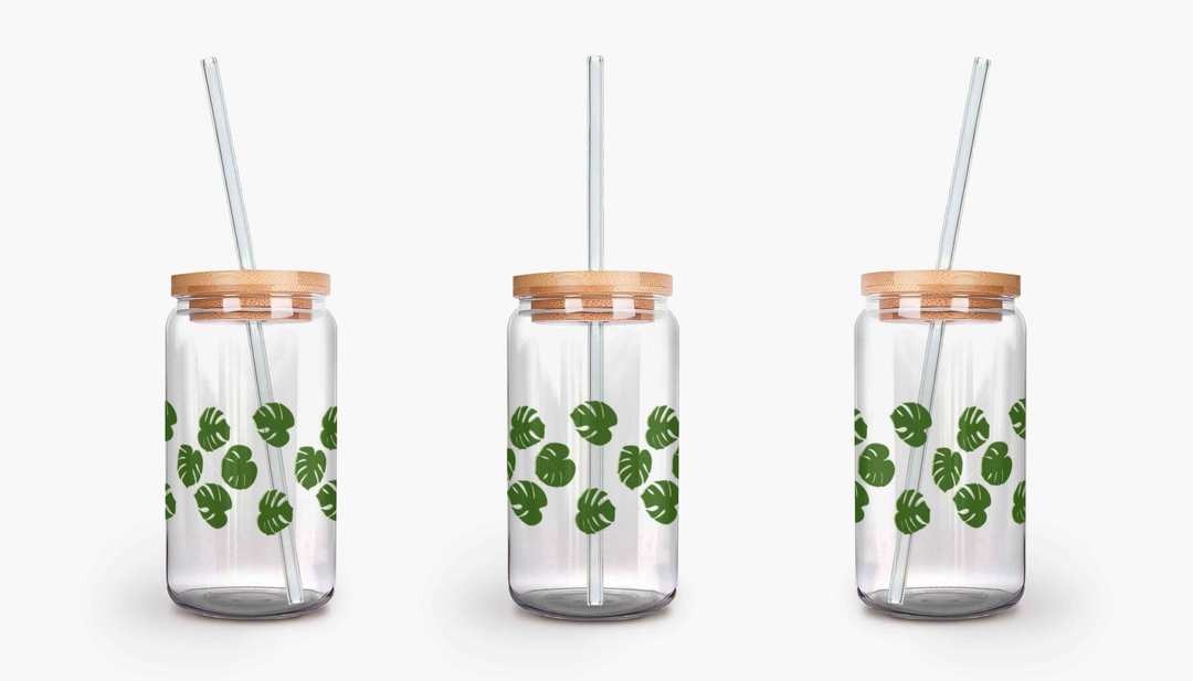 Monstera Pattern Soda Can Glass – 16 oz Durable Glass Tumbler with Bamboo Lid & Straw