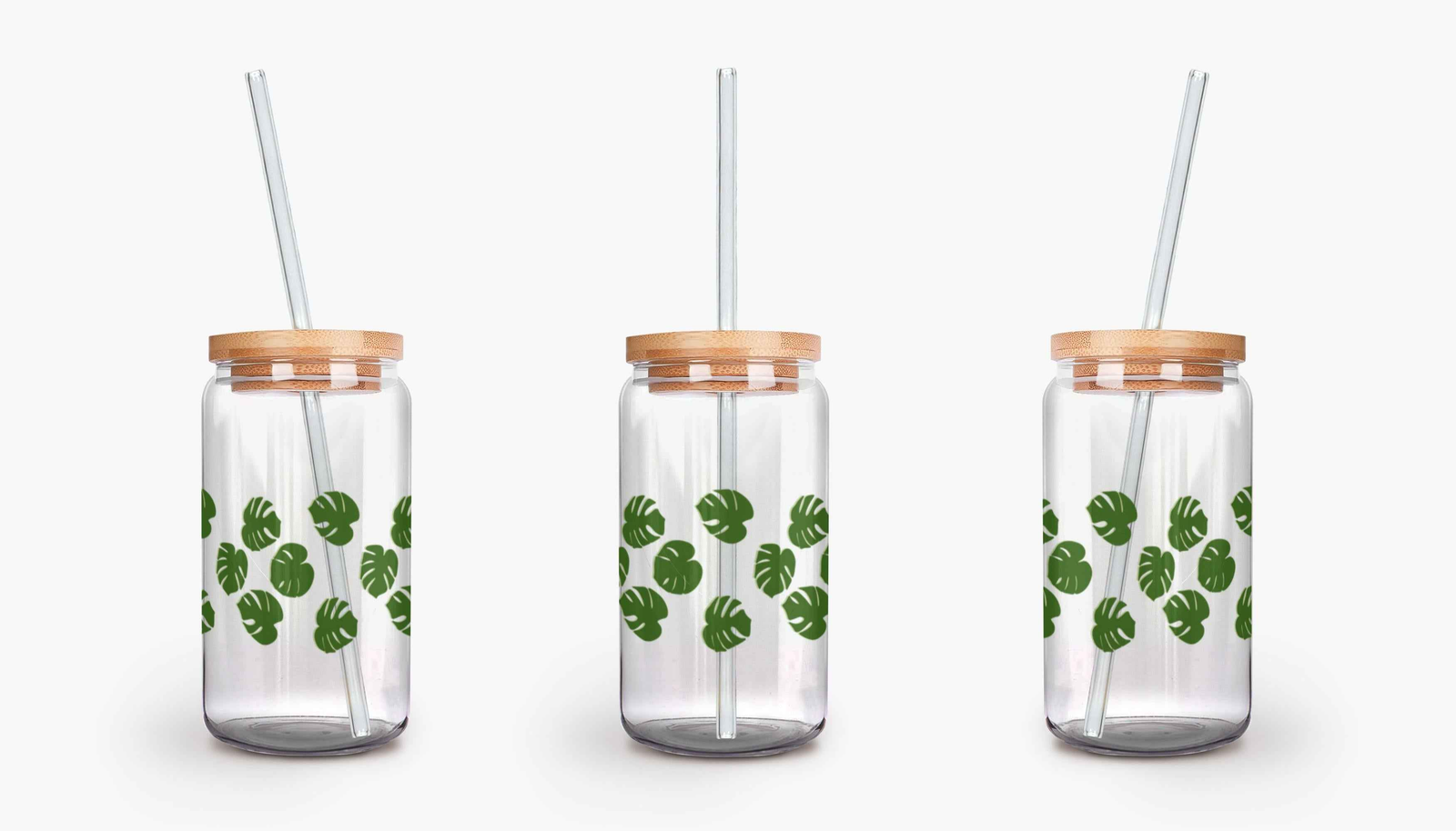 Monstera Pattern Soda Can Glass – 16 oz Durable Glass Tumbler with Bamboo Lid & Straw