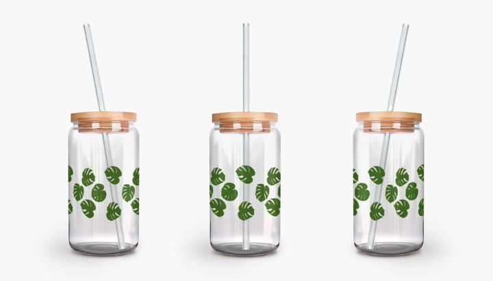 Monstera Pattern Soda Can Glass – 16 oz Durable Glass Tumbler with Bamboo Lid & Straw