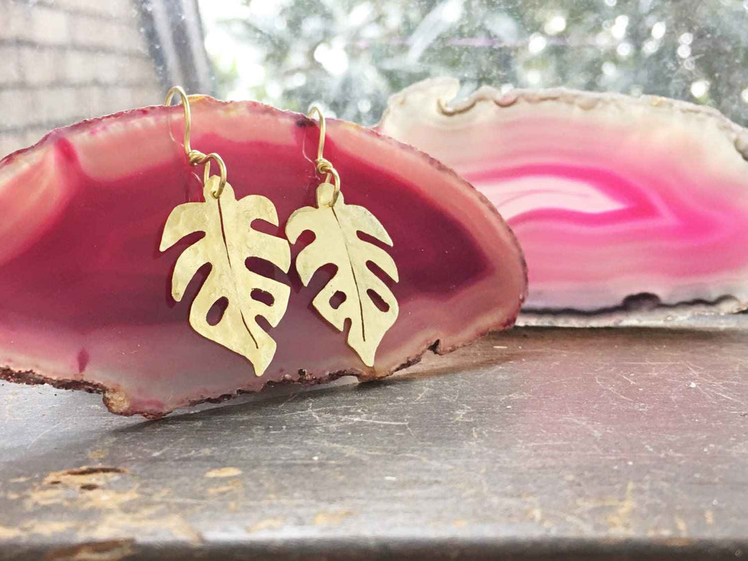 Handmade Brass Monstera Leaf Earrings: Tropical Jewelry