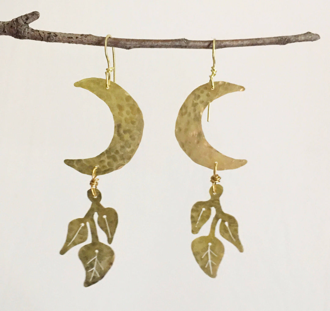 Handmade Crescent Moon Earrings: Hammered Brass Lunar Plant Jewelry