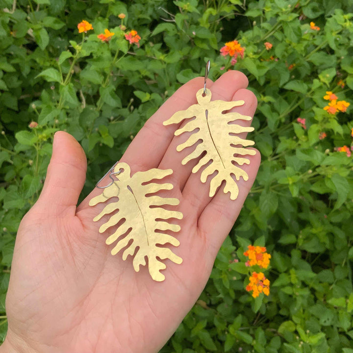 Large Brass Fern Earrings: Woodland Dangle Earrings