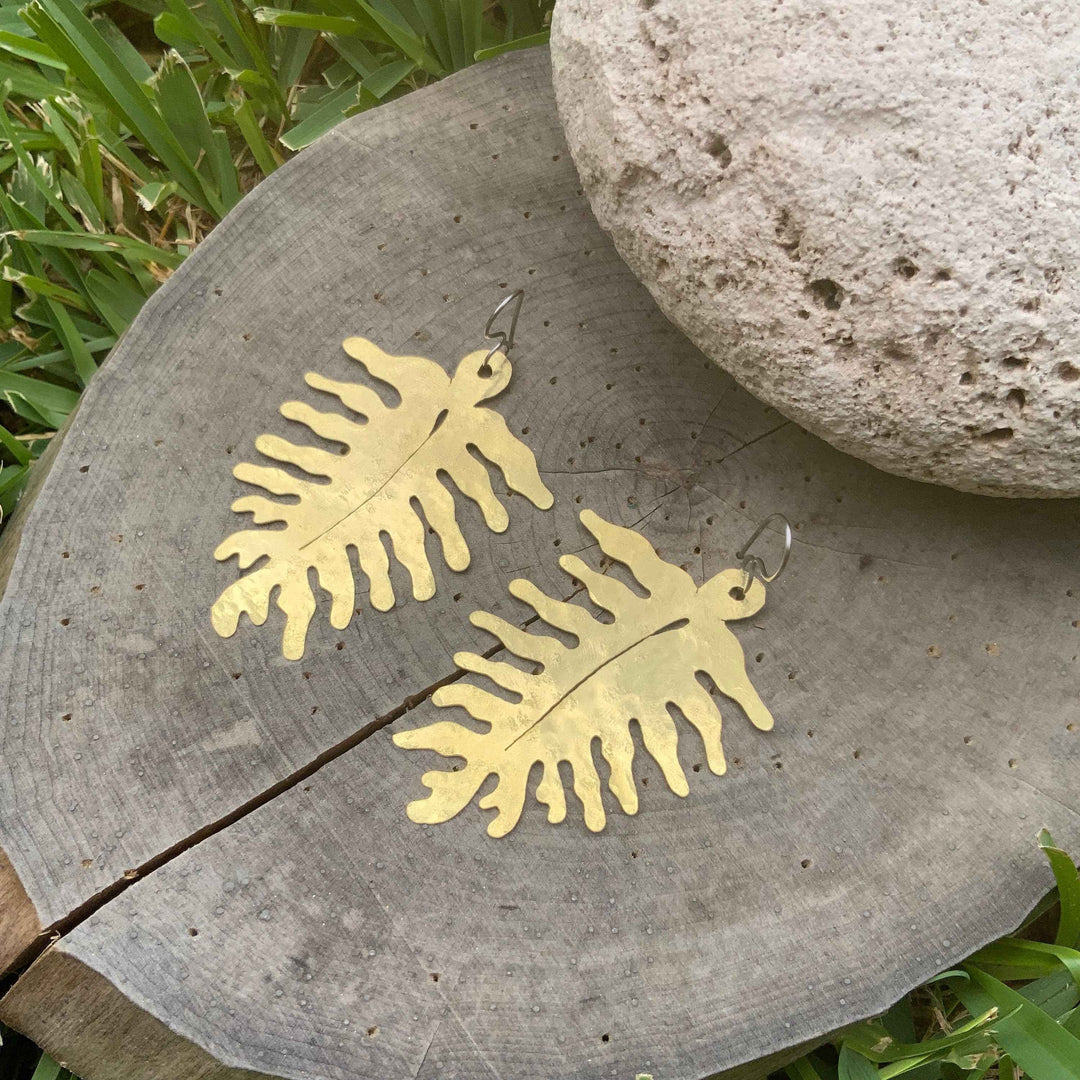 Large Brass Fern Earrings: Woodland Dangle Earrings