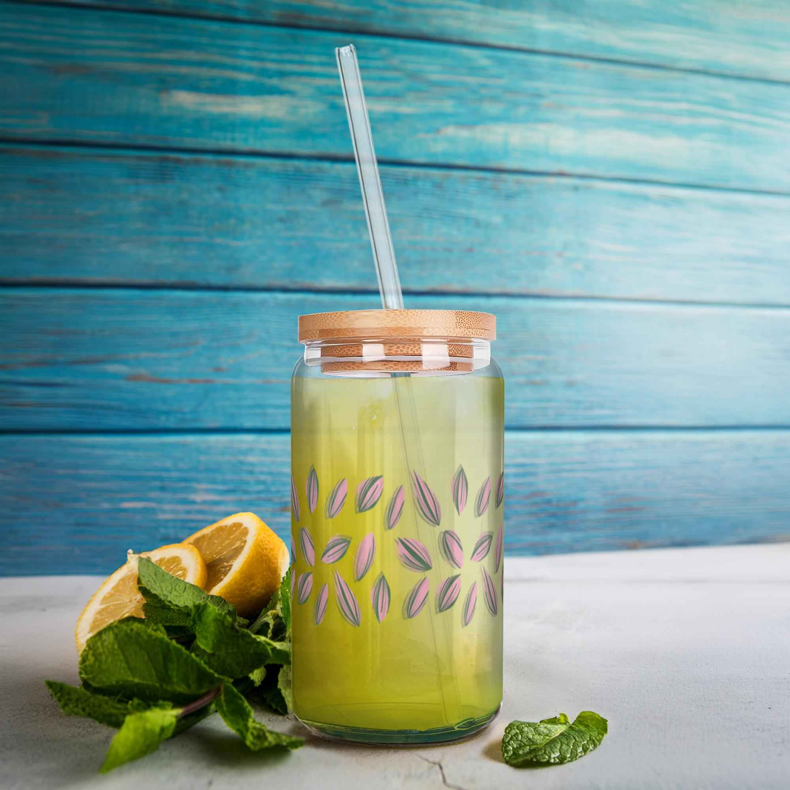 Tradescantia Nanouk Pattern Soda Can Glass – 16 oz Durable Glass Tumbler with Bamboo Lid & Straw