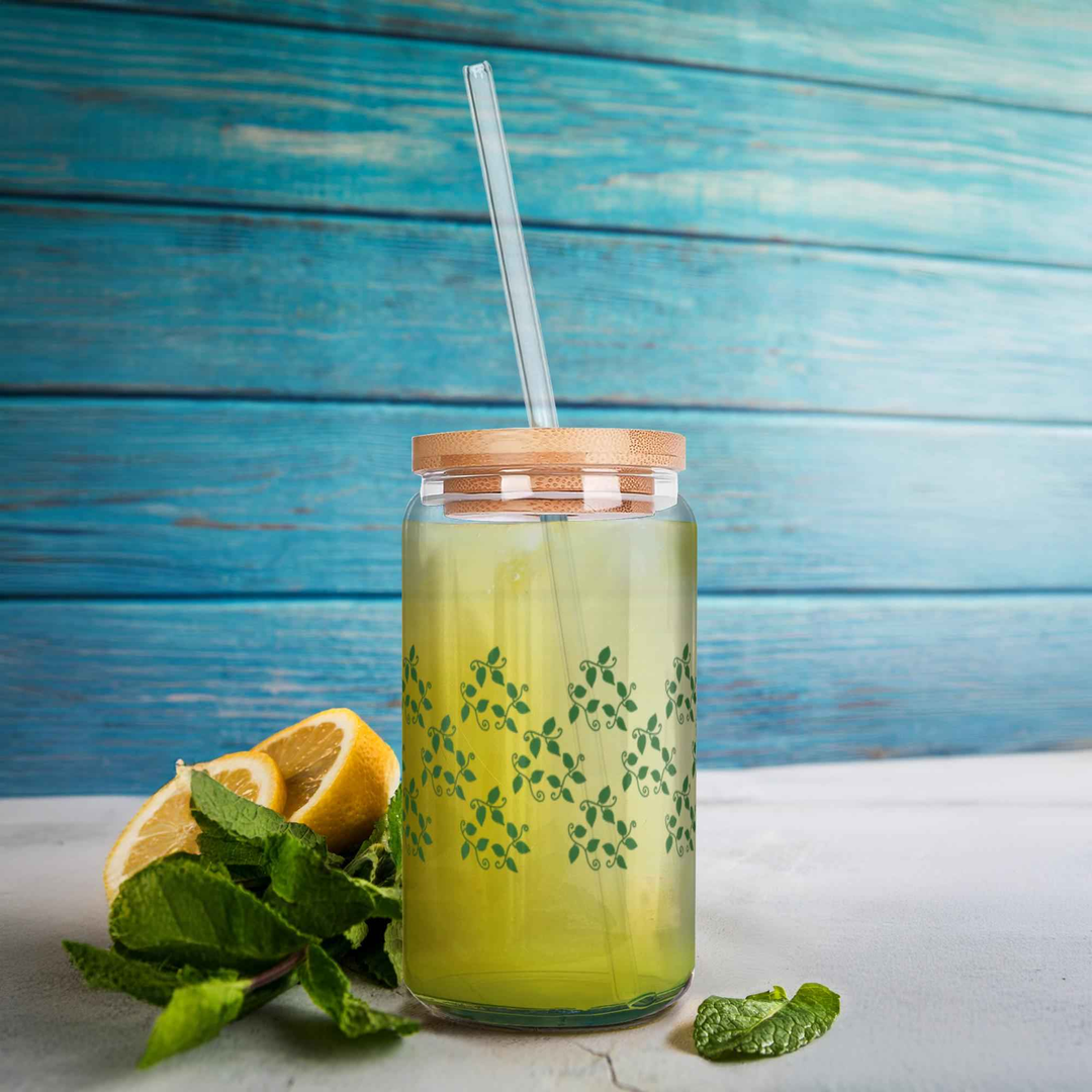 Pothos Pattern Soda Can Glass – 16 oz Durable Glass Tumbler with Bamboo Lid & Straw
