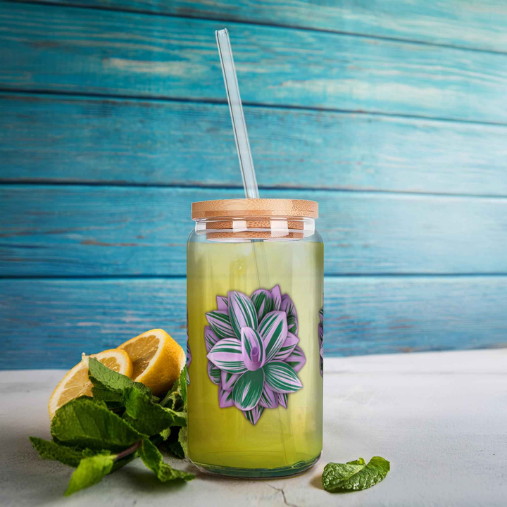 Tradescantia Nanouk Soda Can Glass – 16 oz Durable Glass Tumbler with Bamboo Lid & Straw